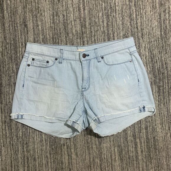 J. Crew Women's Size 27 Blue White Striped Stretch Mom‎ Shorts Cuffed Hems - Picture 1 of 8